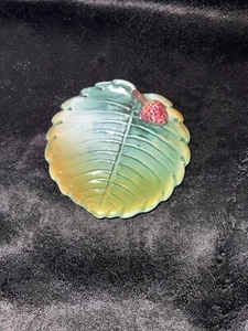 Italian Hand Painted Leaf Shaped Trinket Dish with Applied Strawberry Dish - Picture 1 of 4