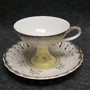 Vintage Hand Painted Floral Lusterware Lustre Footed Tea Cup w/ Saucer Tilso? - Picture 1 of 7