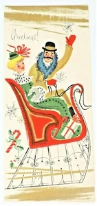 Merry Christmas Card Couple Exquisitely Dressed In Sled Snow Candy Cane Glitter - Picture 1 of 5