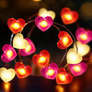 Heart String Lights, 10FT 30 LED Heart Shaped Fairy Lights Battery Operated Room - Picture 1 of 5