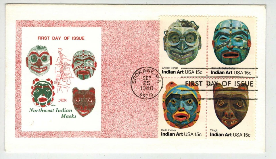 SET OF 4 NORTHWEST INDIAN ART MASKS On 1 Block of 4 Spokane WA FDC 1834-1837 - Image 1 of 1