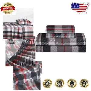 Vibrant Red Plaid King Sheet Set - 100% Cotton Flannel, Soft and Cozy Bedding - Picture 1 of 10