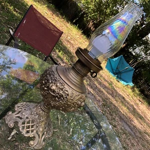 Rare Antique Ainsley Brass Cherub Table Lamp Iridescent chimney Shade electric - Picture 1 of 12