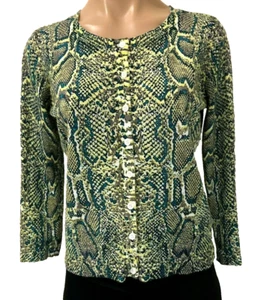 Jacqui E Size S Green Yellow Grey 3/4 Sleeve Knit Cardigan GUC - Picture 1 of 6