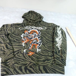 Ed Hardy Sweater Mens Large Green Tiger Print Dragon Flames Pullover Sweatshirt - Picture 1 of 13
