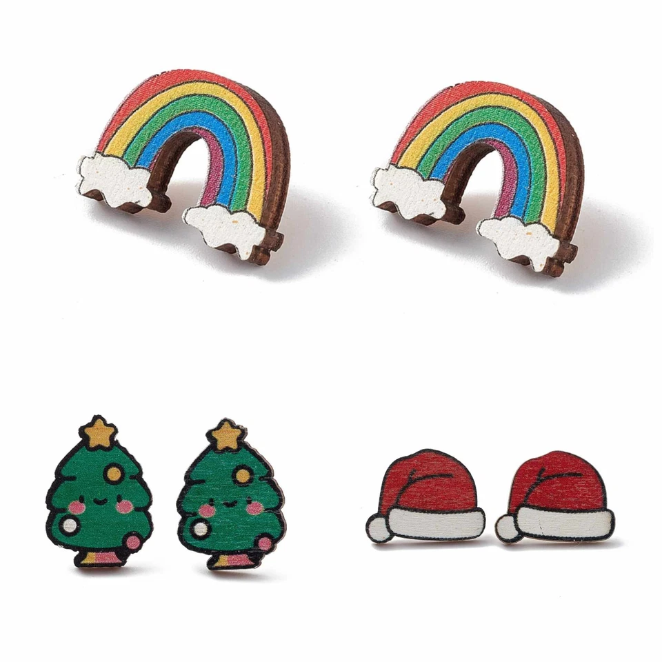 Ohrstecker Regenbogen Weihnachten Baum Mütze Holz & Edelstahl 316 Chirurgenstahl - Bild 1 von 1
