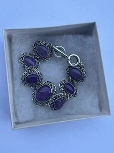 Amethyst Gemstone silver plated Bracelet 8"  Toggle Clasp Gift Women Jewelry - Picture 1 of 17