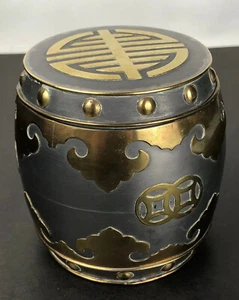 "Carrito de té vintage chino de peltre macizo y latón de 3,5"" tarro de tabaco ornamentado Hong Kong" - Imagen 1 de 10