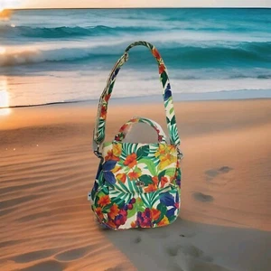 90s Liz Claiborne Tropical Floral Canvas Shoulder Crossbody Bag Purse Hobo Style - Picture 1 of 9