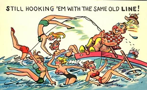Fisherman Still Hooking Pretty Girls with Same Line 1959 Comic Postkarte - Bild 1 von 2