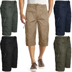 Mens Plain 3/4 Shorts Elasticated Waist Cargo Combat Long Pants Trousers M-3XL - Picture 1 of 36