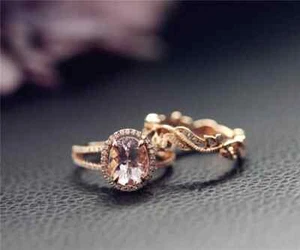 2.50 Ct Round Cut Created Morganite Wedding Bridal Ring Set Rose Gold Finish - Picture 1 of 4