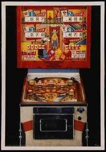 Original 1965 GOTTLIEB DODGE CITY FLIPPER SPIEL 1985 NIEDERLÄNDISCHES EINZELHANDELSPLAKAT AUF LEINEN - Bild 1 von 2