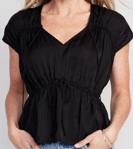 Old Navy Blouse Waist-Defined Satiny Shirred Tie-Front Black Size M NEW!! - Picture 1 of 5