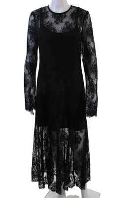 MNG Womens Maxi Black Floral Long Sleeve Mid-Calf Crew Neck Dress Size 8 - Image 1 of 4