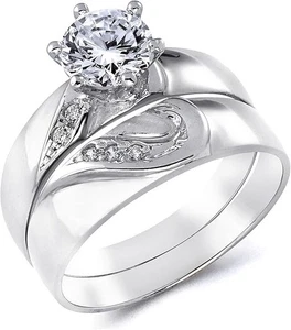 Conjunto de anillos de compromiso de diamantes creados de 2 quilates de oro blanco sólido de 14 quilates banda a juego - Imagen 1 de 7