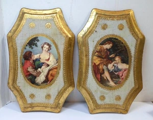 Coppia TARGHE DA PARETE FIORENTINE IN LEGNO DORATO Vintage Corteggiamento Impero Arte Italia 10,5" T - Foto 1 di 9