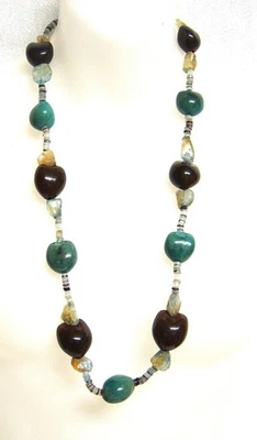 Collar de cuentas de vidrio boho artesanal de 33" azul turquesa y marrón corazón y cuentas de semillas Foto 1 de 4