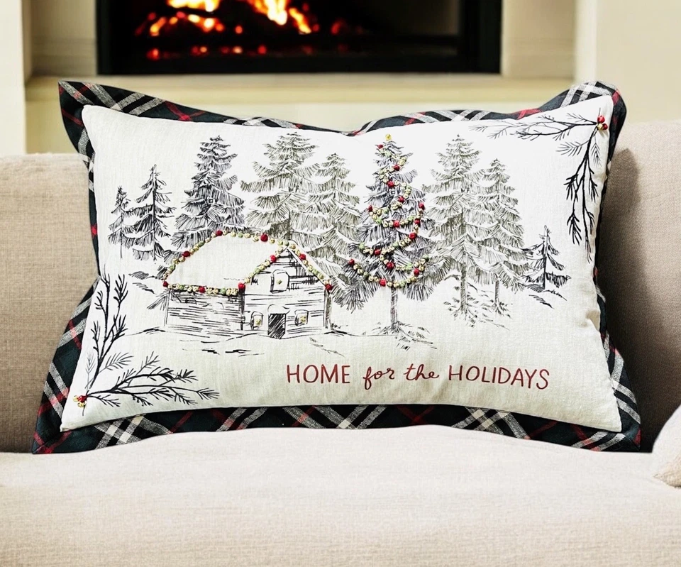 NEW POTTERY BARN Christmas Pillow Home For The Holidays  Plaid Cabin FAST SHIP - Image 1 of 4