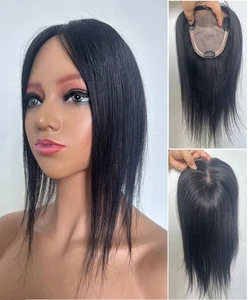 4 Zoll x 4,7 Zoll klassische Seide Kappe 100 % Echthaar Topper für Frauen Clip in Schwarz 12 Zoll - Bild 1 von 11