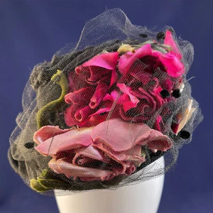 Vintage New York Creation Black Curly Lambs Wool Pink Roses Tilt Cocktail Hat - Picture 1 of 4