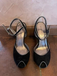 Rampage Black Suede Platform Peep Toe Ankle Strap Heels Silver Trim 8M - Picture 1 of 7