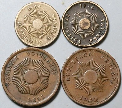 1864 1876 1895 1941 Peru 1 & 2 Centavos Radiant Sun 4 Coins (25061705R) - Image 1 of 2