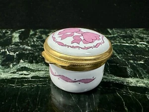 Vintage Alastor Enamels Pink Ribbon New Baby Girl Enamel Pill Box 1 In. Tall - Picture 1 of 10