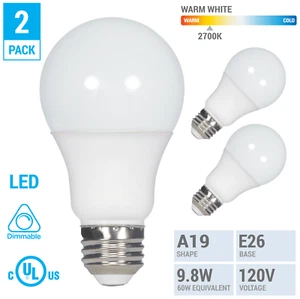 (2 Pack) 9.8W =60W Dimmable A19 LED 27K Warm White Frosted Medium E26 Base Bulb - Picture 1 of 6