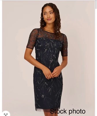 Adrianna Papell Women's Beaded Midi Sheath  Dress Midnight Blue, Size 14 NWT - Image 1 of 4