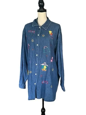 De colección. Warners Bros. 2000 Camisa vaquera Studio Store bordada con botones talla grande Foto 1 de 4
