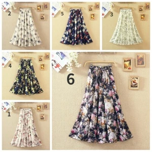 Midi Women Chiffon Printed Skirt Floral Flower Big Swing Casual Retro Summer - Picture 1 of 13