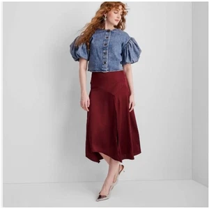 Women's Holiday Flowy Satin Midi Skirt - Future Collective Burgundy Large New - Picture 1 of 3