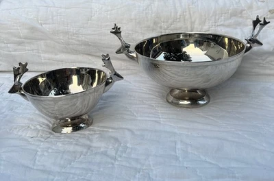 Crate And Barrel Silver Double Headed Reindeer Pedestal Bowl Christmas 6” & 9” - Image 1 of 4
