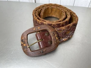 Vintage Leather Hand Made Embossed Woven Brown Belt Size Medium 40in - Picture 1 of 6