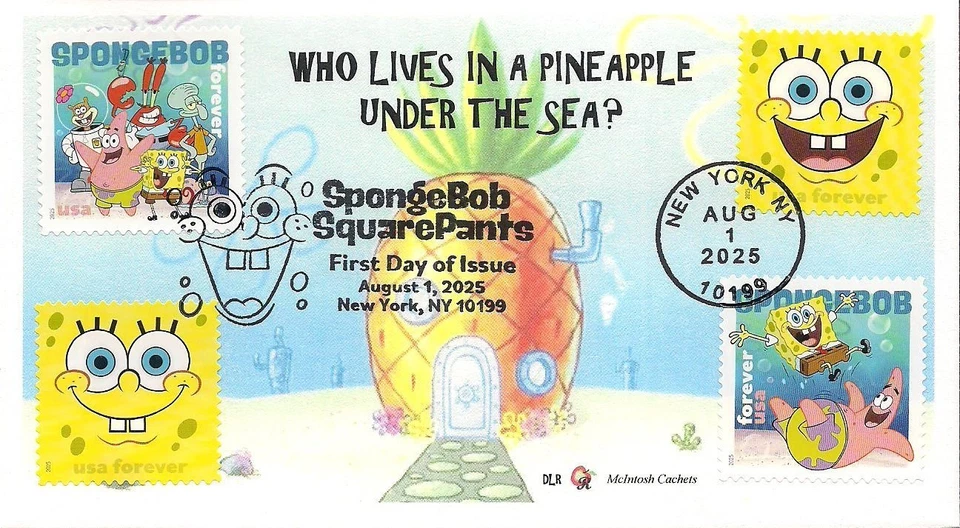 SpongeBob- All 4 stamps- 2025- First Day Pictorial Cancel  - McIntosh Cachets - Image 1 of 1