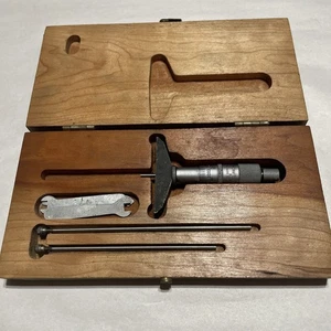 Vintage CRAFTSMAN 0 - 3" Machinists Depth Micrometer Set DJ Wood Box Made In USA - Picture 1 of 8