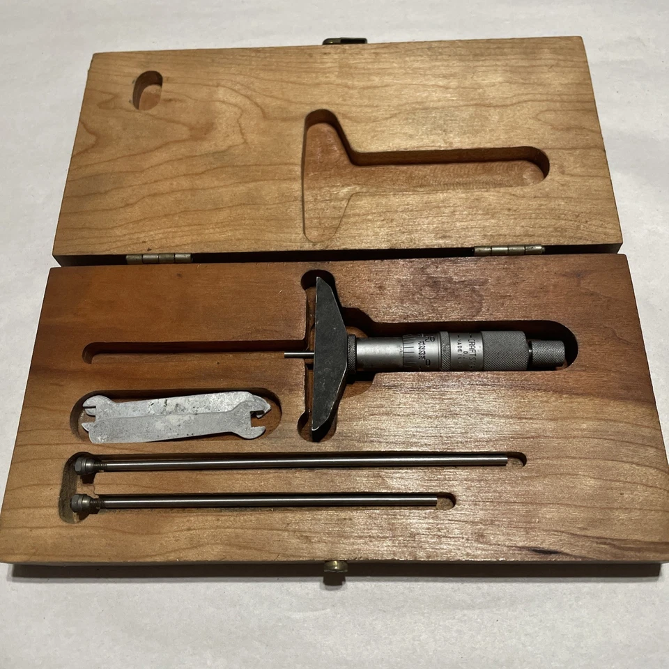 Juego de micrómetros de profundidad de maquinistas CRAFTSMAN 0-3" de colección caja de madera para DJ hecho en EE. UU. Foto 1 de 4