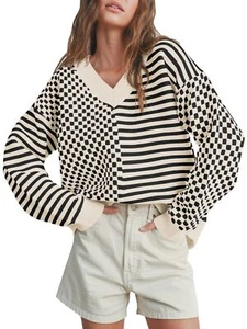 V Neck Sweater Checkered Striped Knit Long Sleeve Pullover Top (Apricot L) - Picture 1 of 6