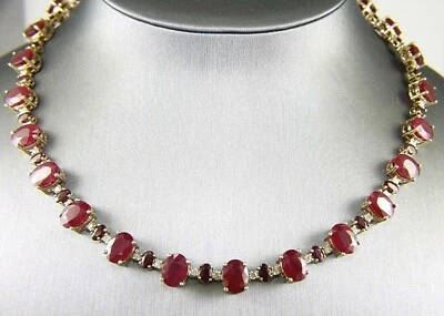 Natural Oval Ruby & Diamond Cluster Tennis Necklace 14K Yellow Gold 68.50Ct - Image 1 of 4