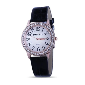 Damenuhr CZ Steine rundes goldenes Zifferblatt schwarzes Lederband Band - Imp32blk - Bild 1 von 1
