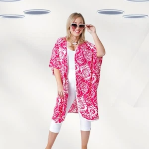 Ex Roman Women's Plus Size Aztec Print Longline Kimono in Pink - Picture 1 of 3