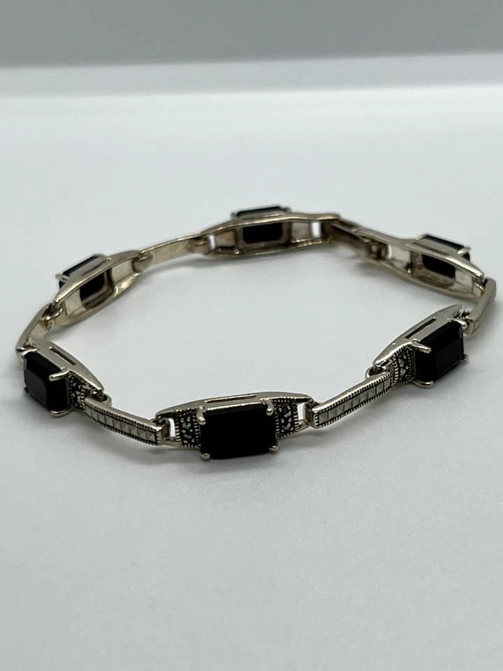 925 STERLING SILVER  AGATE & MARCASITE BRACELET Foto 1 de 4