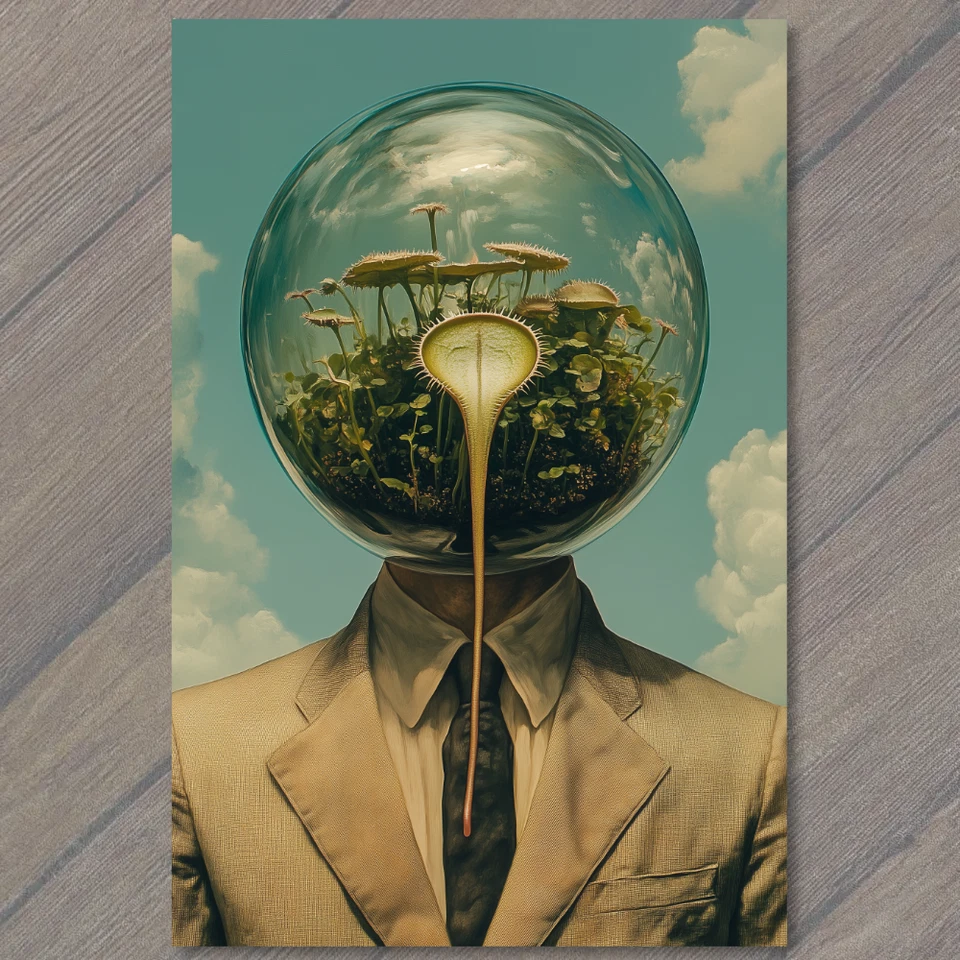 POSTAL Espeluznante Terrario Cabeza Hombre Traje Venus Flytrap Surrealista Gótico Extraño Foto 1 de 1