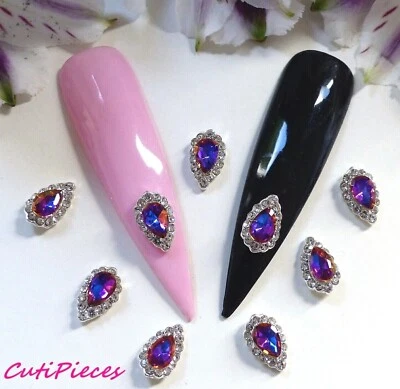 3D Nail Art Teardrops Purple Blue Rhinestone Silver Frame Jewel Gems Alloy Metal - Image 1 of 3