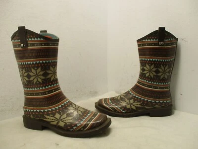 Botas de lluvia vaqueras Blazin Roxx marrón goma suroeste punta cuadrada para mujer talla 10 Foto 1 de 4