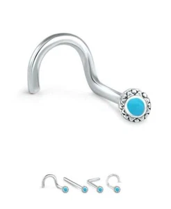 316L Surgical Steel Straight Screw LBend Nose Stud Ring Turquoise Stone 20G - Picture 1 of 1