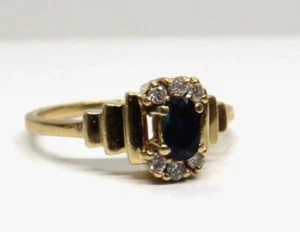 Solid 14K Yellow GOLD Promise Engagement Ring Sapphire & Diamonds size 6.5 - Picture 1 of 11