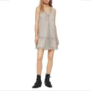 All Saints Maisie speckle dress chiffon crepe splatter shift ruffle cream Small - Imagen 1 de 5