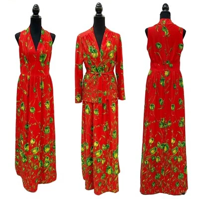 Maxi Vestido Floral Rojo Audaz Edith Flagg Vintage Años 70 y Chaqueta a Juego M/L Foto 1 de 4